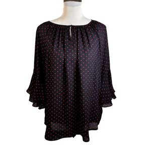 Chaps Women's Blouse Navy Blue Size LG Polka‎ Dot Round Neck Keyhole Bell Sleeve